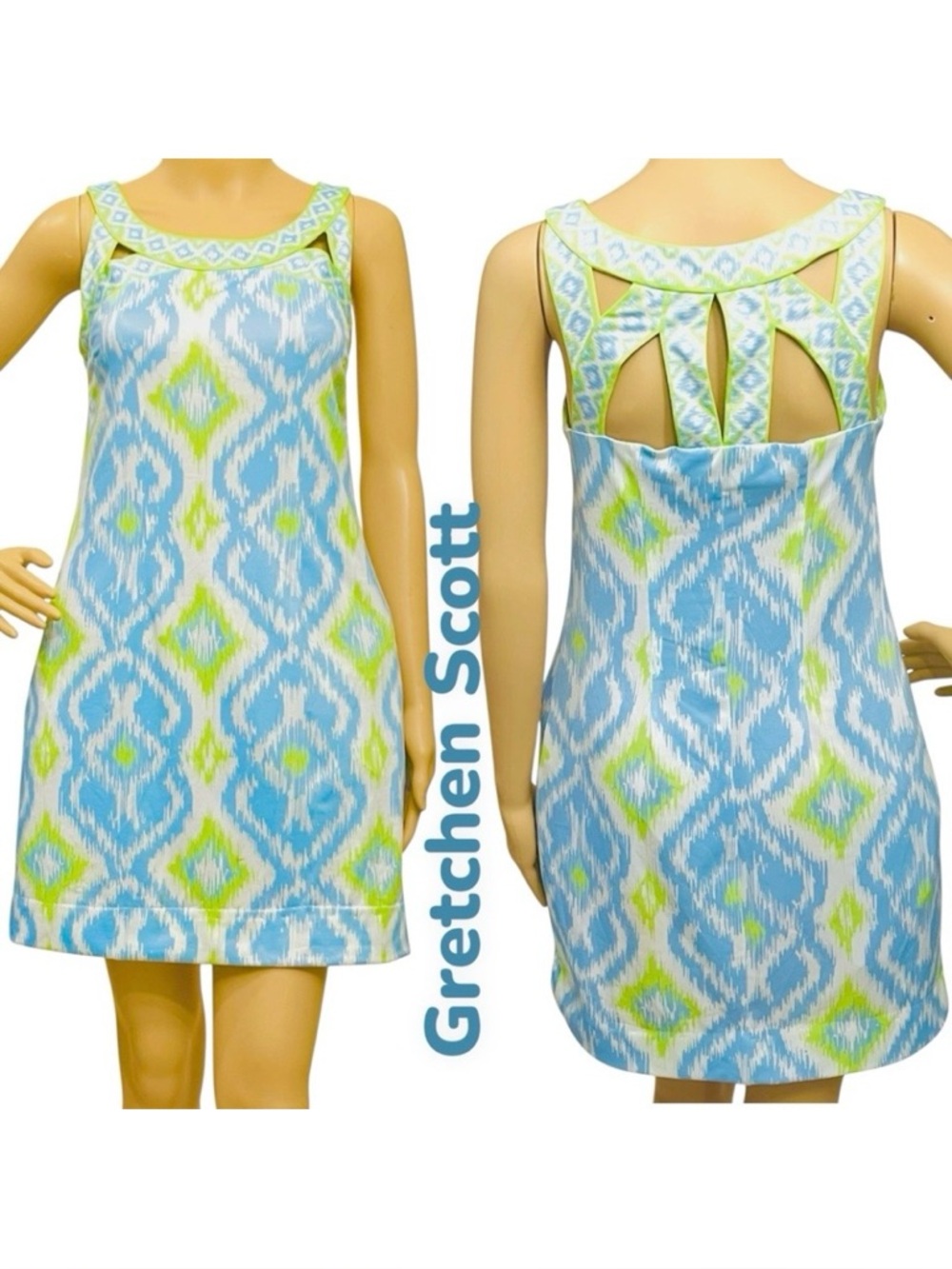 Gretchen Scott Isosceles Dress Kitt Ikat Periwinkle/Lime Pullover Sz S $179